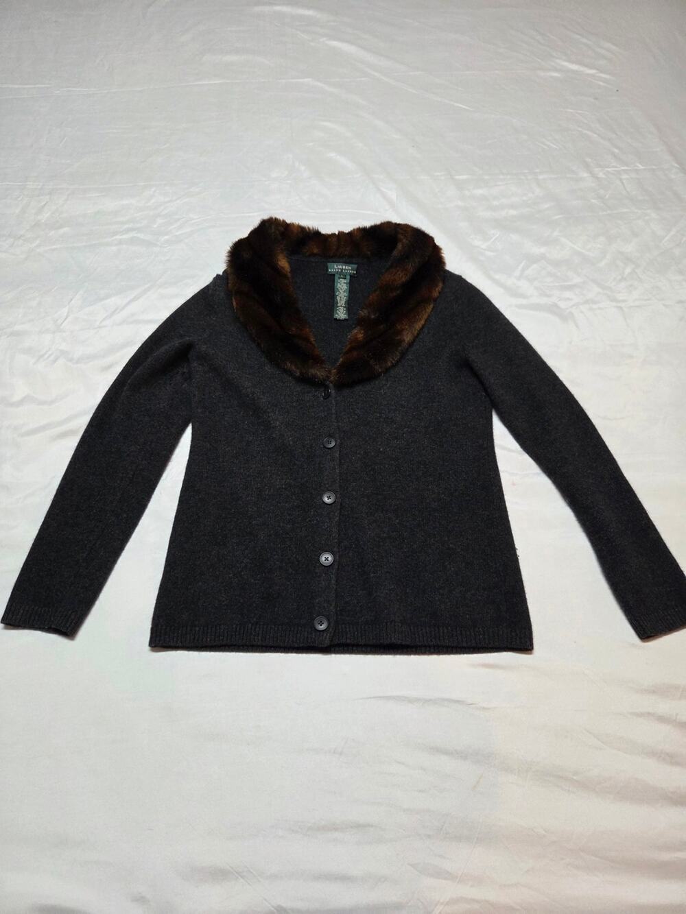 Polo by Ralph Lauren Charcoal Cardigan with Brown Faux Fur Collar